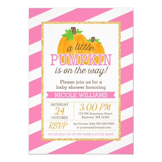 Pink Stripes Gold Little Pumpkin Fall Baby Shower Card
