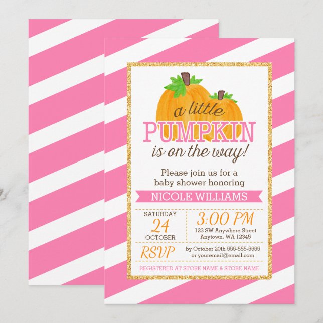 Pink Stripes Gold Little Pumpkin Fall Baby Shower Invitation (Front/Back)