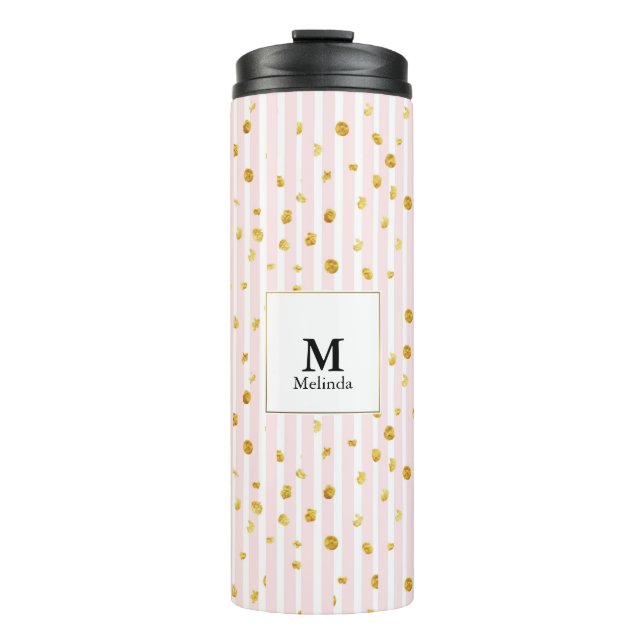 Pink Stripes & Gold Polka Dots Monogram Tumbler (Front)