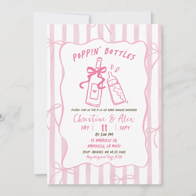 Pink Stripes Hand Drawn Poppin Bottles Baby Shower Invitation (Front)