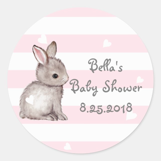 Pink Stripes Heart Bunny Baby Shower Stickers (Front)