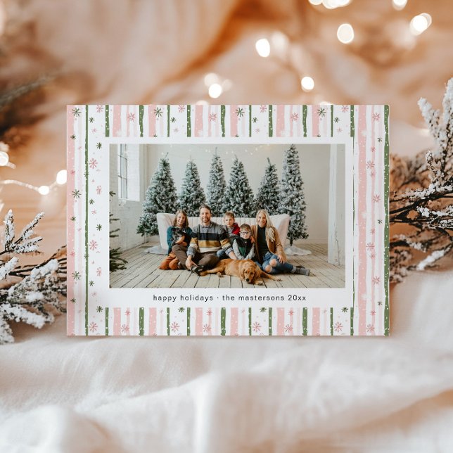 Pink Stripes Holiday Wallpaper Photo Holiday Card (Creator Uploaded)