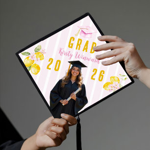 Pink Stripes Lemons and Flowers Graduation Cap Topper