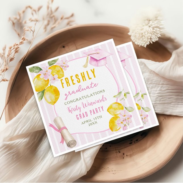 Pink Stripes Lemons and Flowers Graduation Napkin (Creator Uploaded)