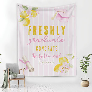 Pink Stripes Lemons and Flowers Graduation Tapestry