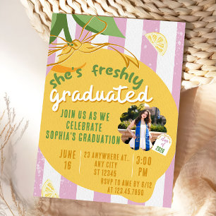 Pink Stripes Lemons Photo Graduation Invitat Invitation