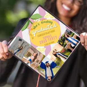 Pink Stripes Lemons Yellow Bow Graduation Cap Topper