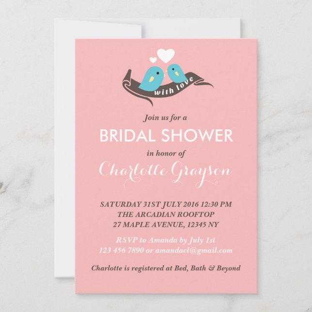 Pink Stripes Lovebirds Invitation à la douche nupt (Devant)