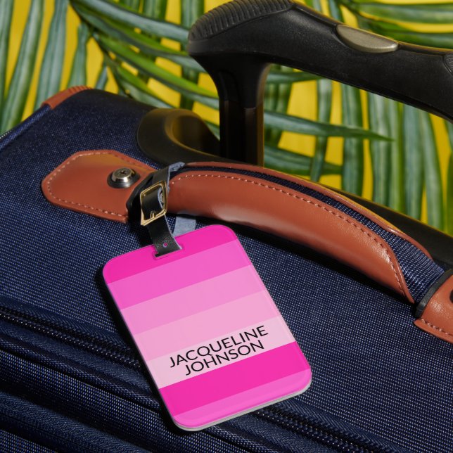 Pink Stripes Modern & Feminine Monogram Name Luggage Tag (Front Insitu 1)