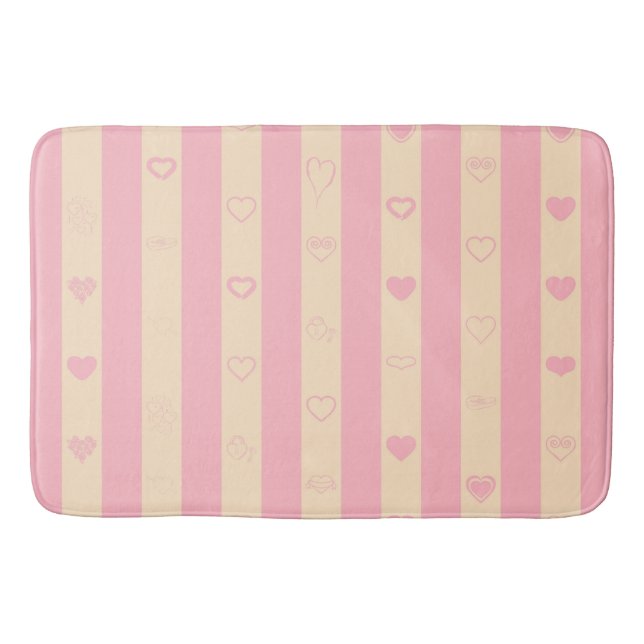Pink Stripes Modern Heart Pattern Bath Mat (Front)