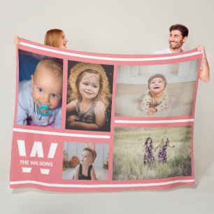 Pink Stripes Multiple Photos Custom Monogram Fleece Blanket