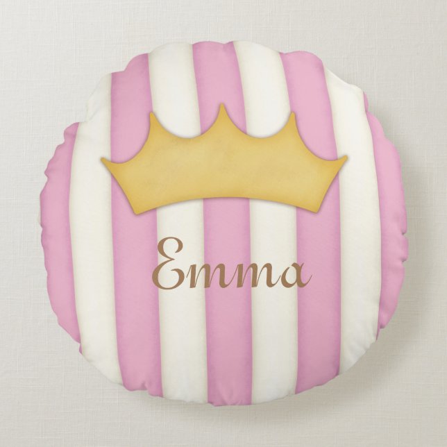 Pink Stripes Name Personalized Crowned Princess Round Pillow (Front)