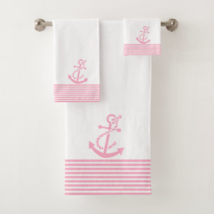 Pink Stripes & Nautical Boat Anchor Bath Towel Set