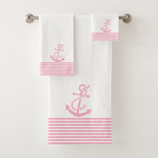 Pink Stripes & Nautical Boat Anchor Bath Towel Set (Insitu)