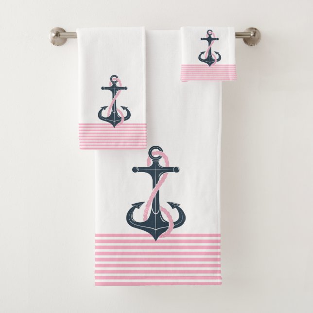 Pink Stripes & Nautical Boat Anchor in blue Bath Towel Set (Insitu)