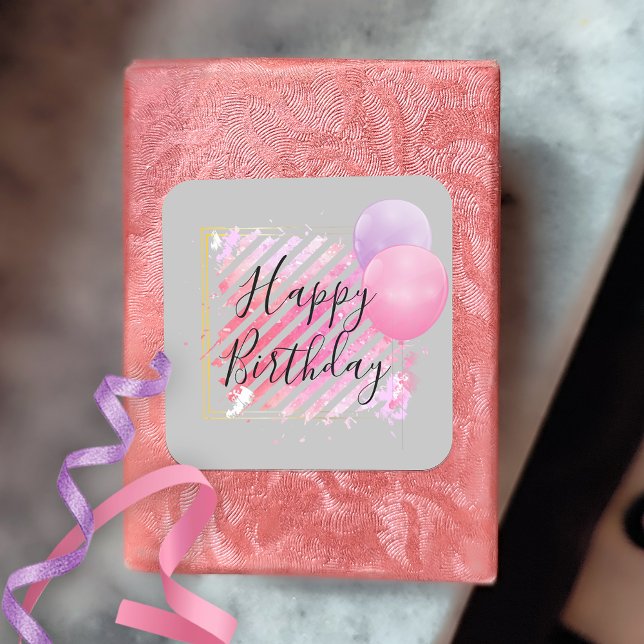 Pink Stripes Paint Brush Strokes and Balloons Square Sticker (Creator Uploaded)