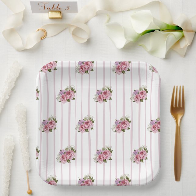Pink stripes peony hydrangea baby's breath floral paper plate (Wedding)