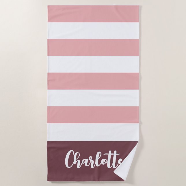 Pink Stripes Personalized Girls Name Beach Towel (Front)
