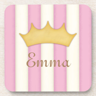 Pink Stripes Personalized Name Princess Crown Coaster