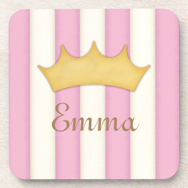 Pink Stripes Personalized Name Princess Crown Coaster (Front)