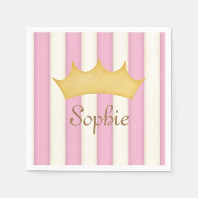 Pink Stripes Personalized Name Princess Crown Napkin (Front)
