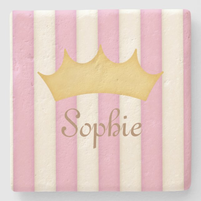 Pink Stripes Personalized Name Princess Crown Stone Coaster (Front)