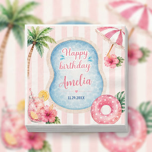 Pink Stripes Pool Party Girl Birthday Napkins