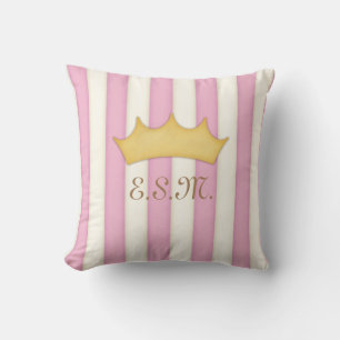 Pink Stripes Princess Monogram Crowned Head Throw Pillow