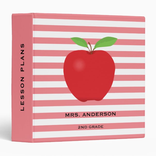 Pink Stripes Red Apple Personalized Teacher Binder (Front/Spine)