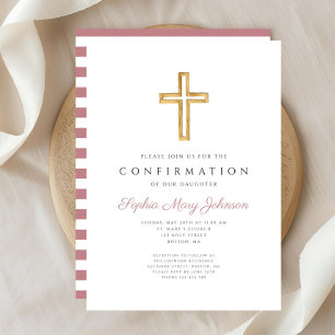 Pink Stripes Religious Cross Girl Confirmation Invitation