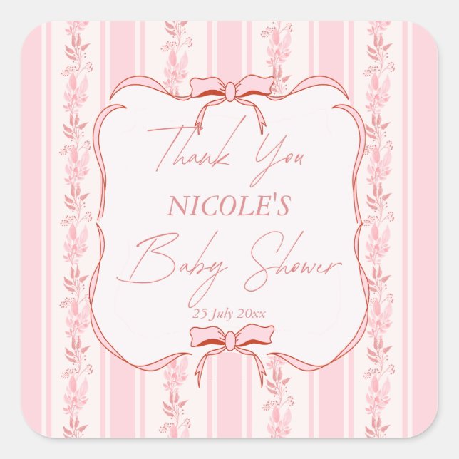 Pink stripes retro bow border baby shower favour square sticker (Front)