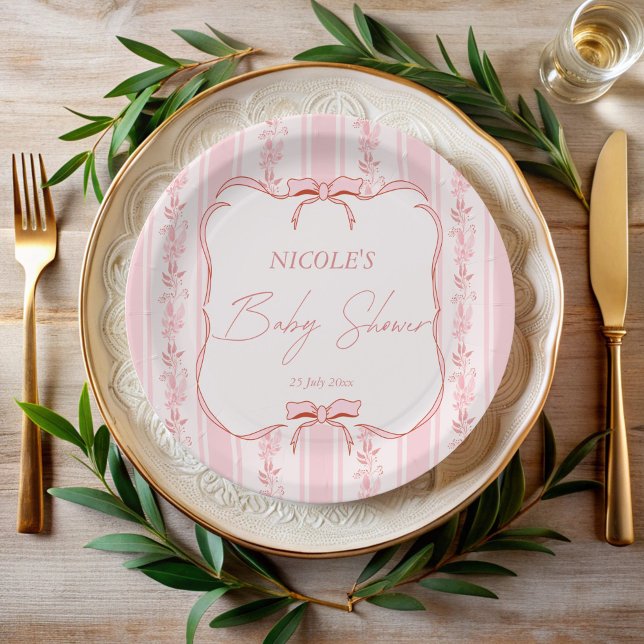 Pink stripes retro bow border elegant baby shower paper plate (Pink stripes retro bow wavy border elegant baby shower monogrammed paper plates personalized decor)
