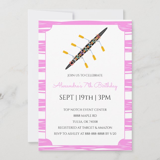 Pink Stripes Rowing Birthday Party Invitation (Front)