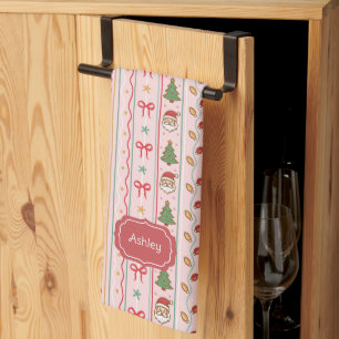 Pink Stripes Santa Christmas Bows Trees and Lights Kitchen Towel