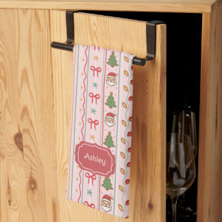 Pink Stripes Santa Christmas Bows Trees and Lights Kitchen Towel