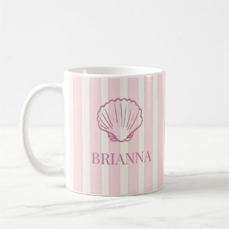 Pink stripes seashell bridesmaid gifts monogrammed coffee mug
