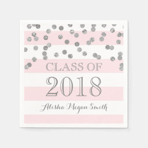 Pink Stripes Silver Confetti  2018 Graduation Napkin