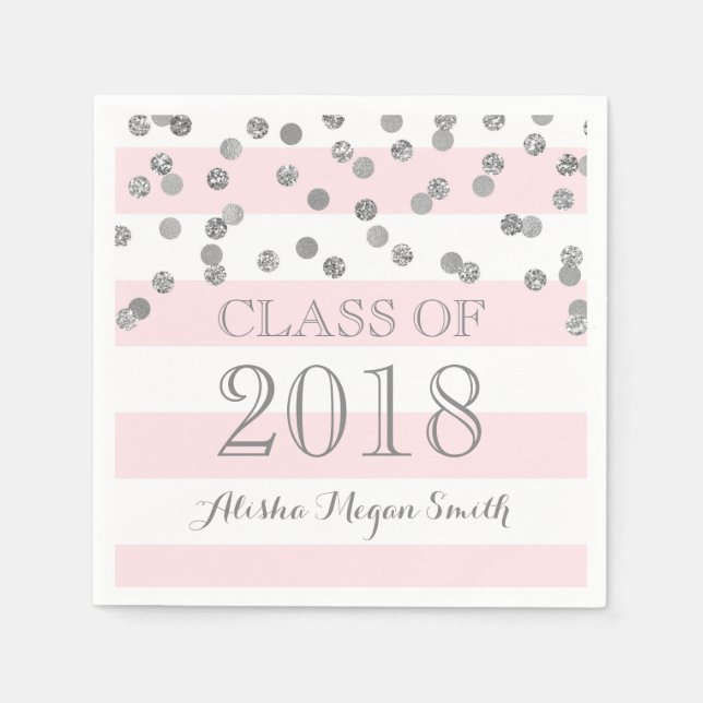 Pink Stripes Silver Confetti  2018 Graduation Napkin (Front)