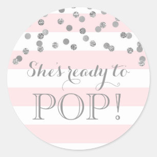 Pink Stripes Silver Confetti She's Ready to Pop Classic Round Sticker