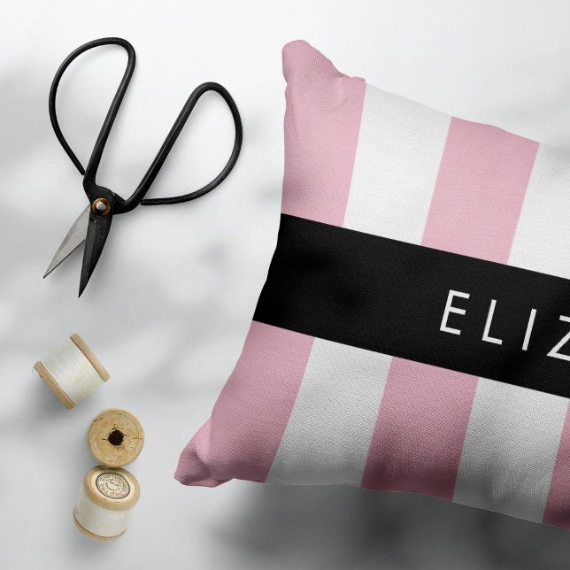 Pink Stripes, Striped Pattern, Lines, Your Name Accent Pillow (Creator Uploaded)