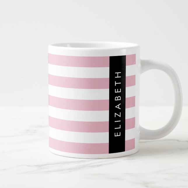 Pink Stripes, Striped Pattern, Lines, Your Name Large Coffee Mug (Right)