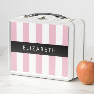 Pink Stripes, Striped Pattern, Lines, Your Name Metal Lunch Box