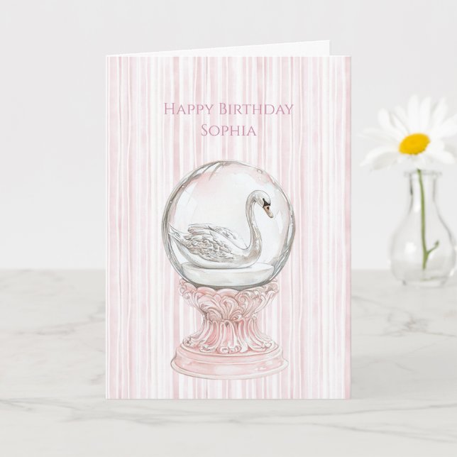 Pink Stripes Swan Birthday Card (Small Plant)