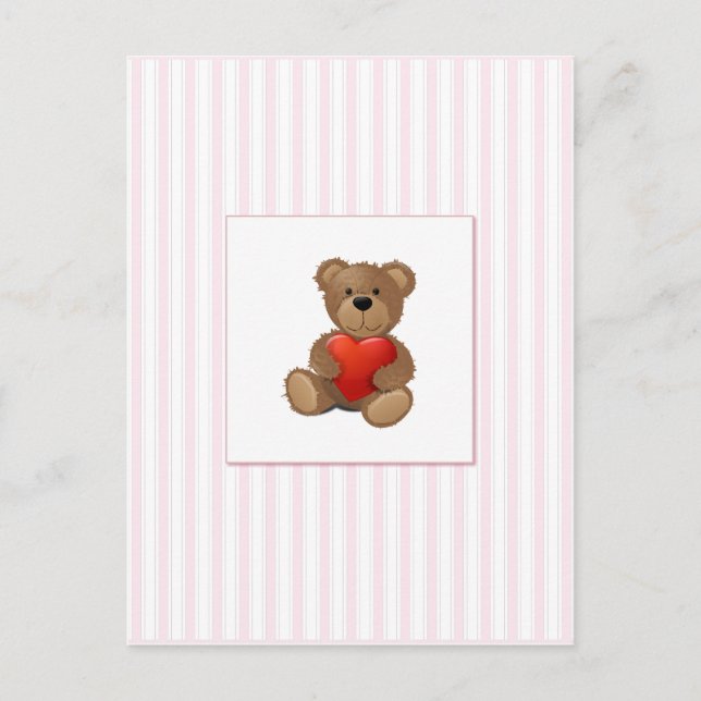 Pink Stripes - Teddy Bear with Valentines Heart Holiday Postcard (Front)