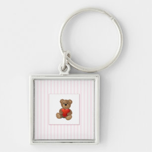 Pink Stripes - Teddy Bear with Valentines Heart Keychain