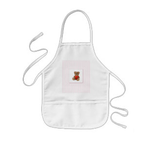Pink Stripes - Teddy Bear with Valentines Heart Kids Apron