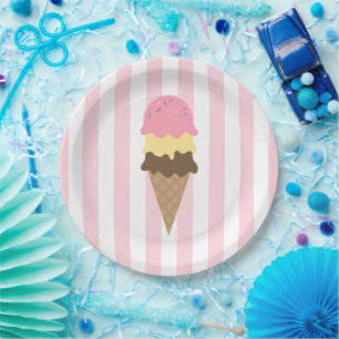 Pink Stripes Triple Scoop Ice Cream Social Paper Plate