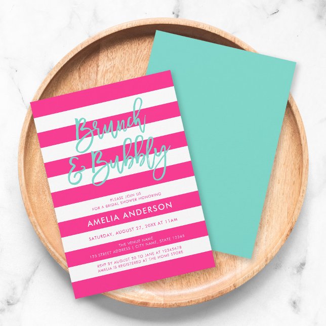 Pink Stripes Turquoise Brunch Bubbly Bridal Shower Invitation (Creator Uploaded)