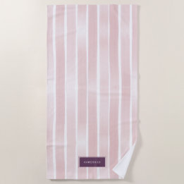 Pink Stripes Watercolor Boardwalk Name on Beach Towel