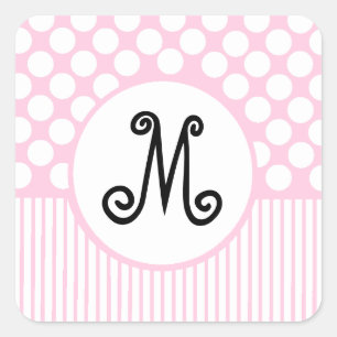Pink Stripes & White Dots Monogram Square Sticker